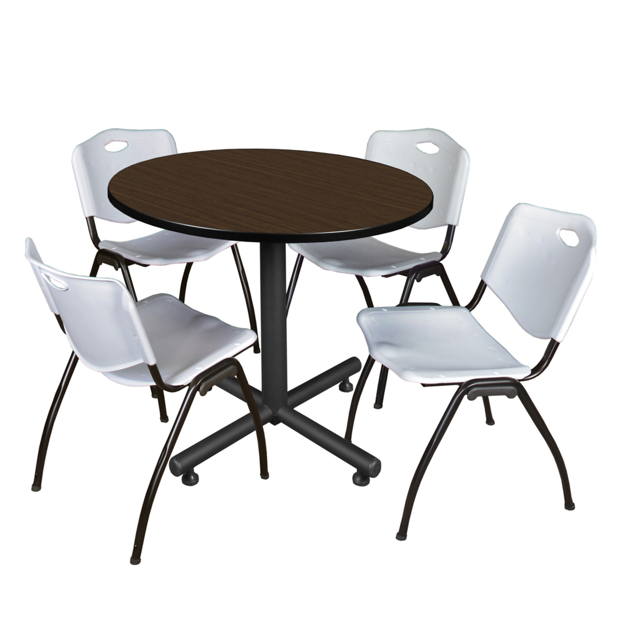 Regency Furniture Kobe Round Breakroom Table Set — 42in. Table, Neo Walnut/Noble Oak, 4 Grey Stack Chairs, Model# TKB42RNDNW47GY